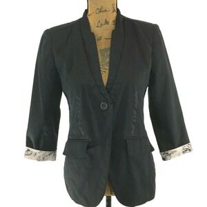 LOB Collection Blazer MED Black 3/4 Sl Unique Cuff‎ 2 Pocket Ribbon Trim Jacket